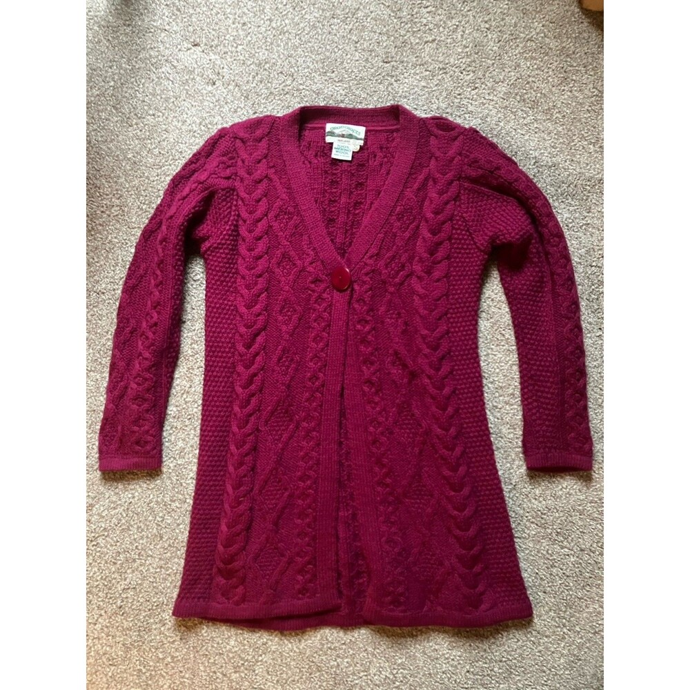 Aran Crafts 100% Merino Wool Sweater Womens Magenta Cable Knit Button - Small